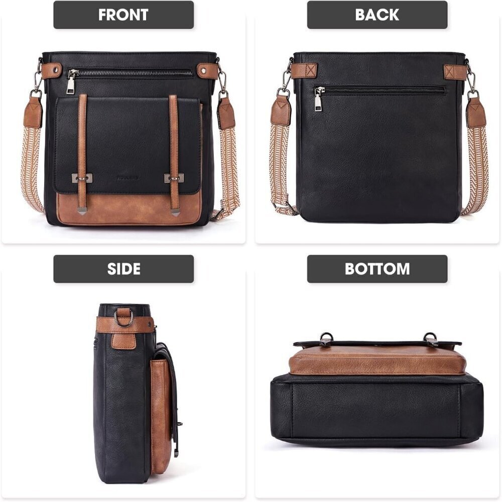 Women’s Black/Brown Leather Purses Multi-Pocket Adjustable Strap Crossbody Bags - Picture 4 of 6